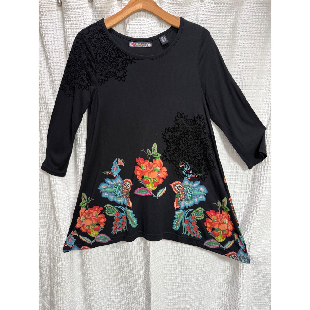 Desigual Tunic Top Black Floral Sequin Flocked Embroidery Burnout Shark bite XXL